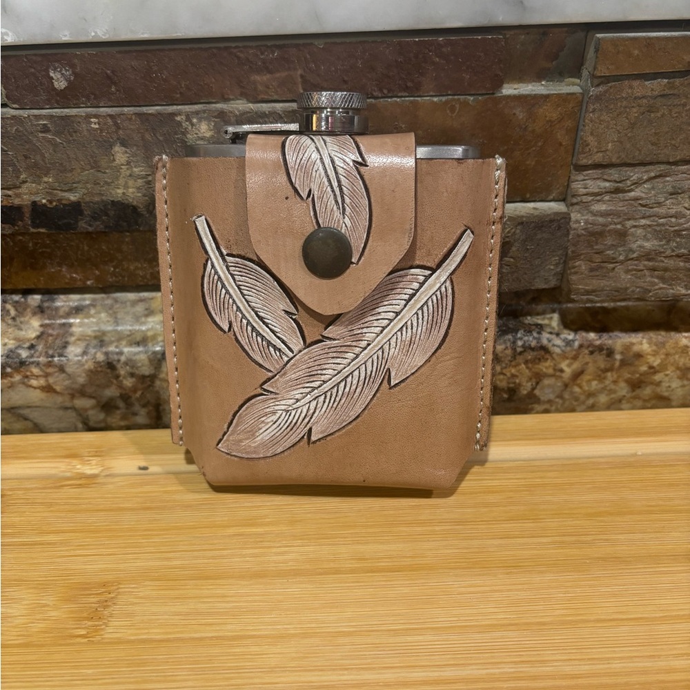 Leather Flask with Feather Design